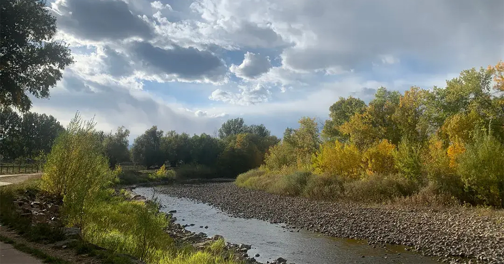 Shallow river with green and yellow shrubs and trees and a paved trail nearby