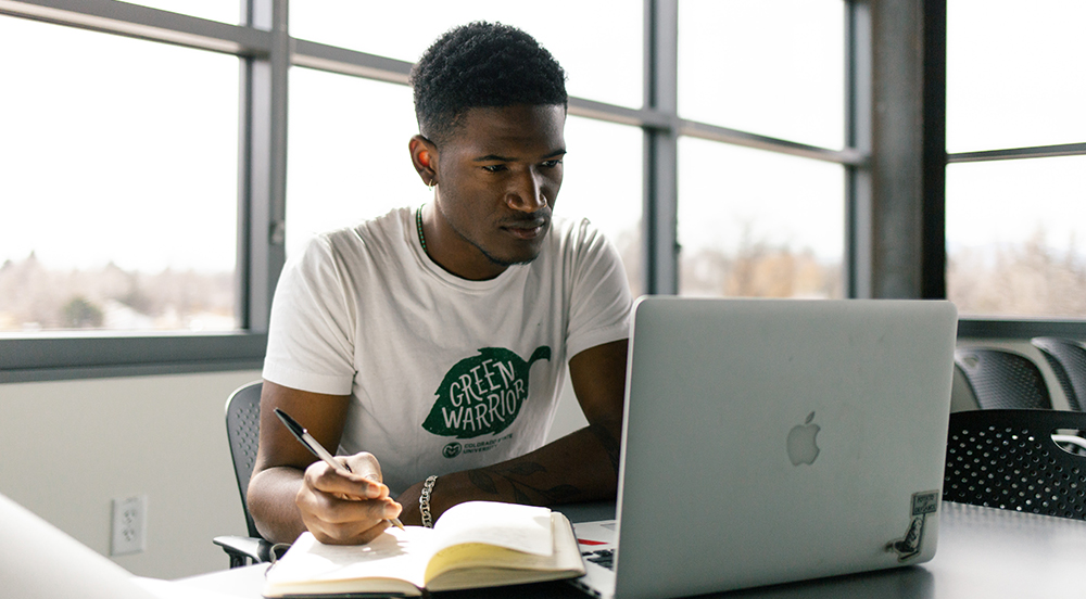 CSU Student Xavier Hadley studies in a classroom in the Nancy Richardson Design Center.