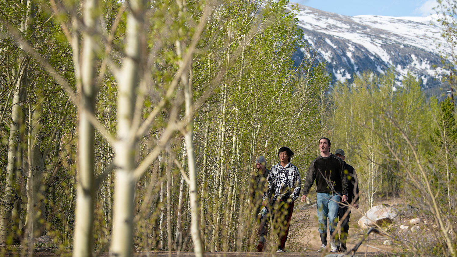 students walk through a Colorado mountain forest