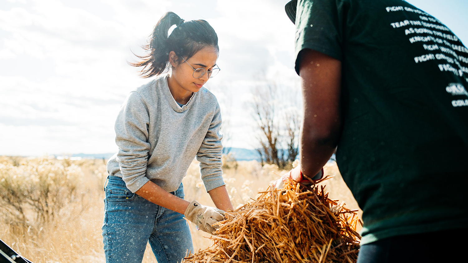 Students work with hay in a field to restore natural resources