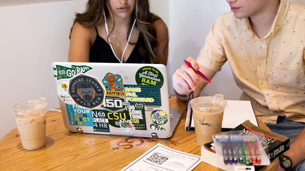two students search intently on a scholarship