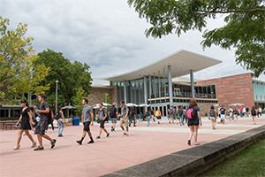 Students walk in CSU's main plaza outside Lory Student Center