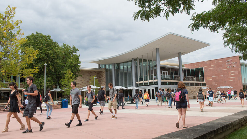 Students walk in CSU's main plaza outside Lory Student Center