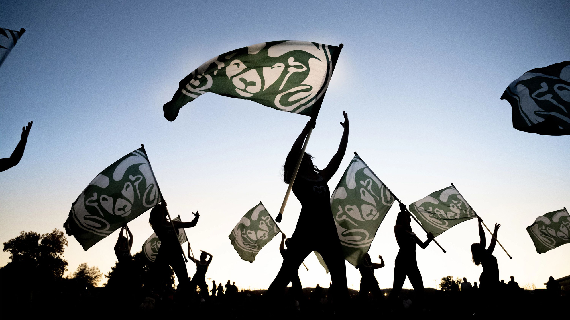 Flag bearers wave large CSU flags high in the sky
