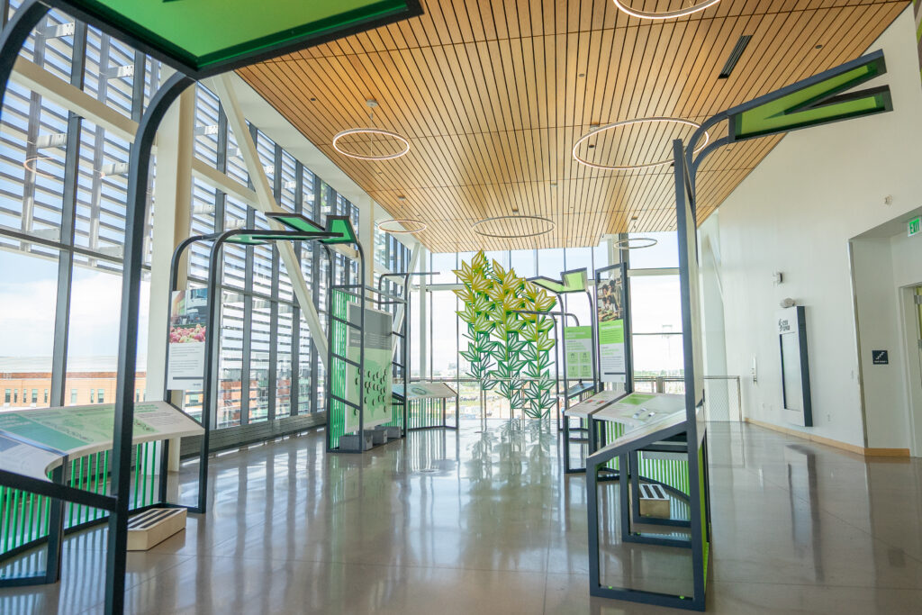 Wooden and glass elements inside building