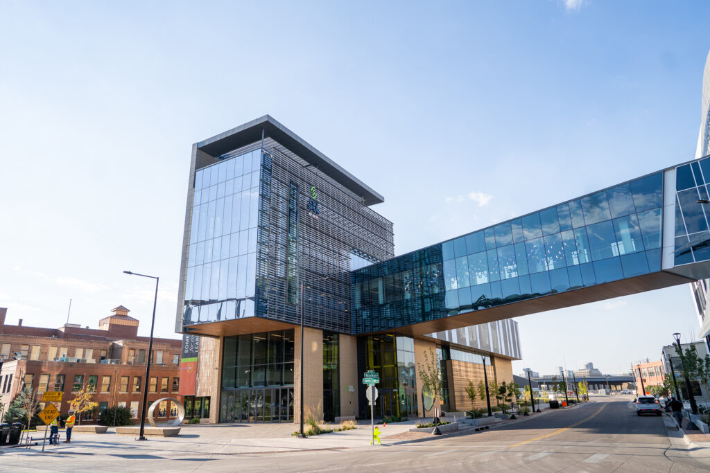 Brick and glass building with glass skybridge