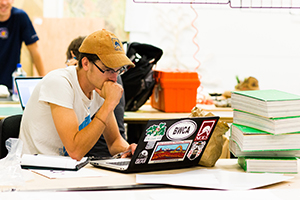 A student focuses on a laptop screen in a lab