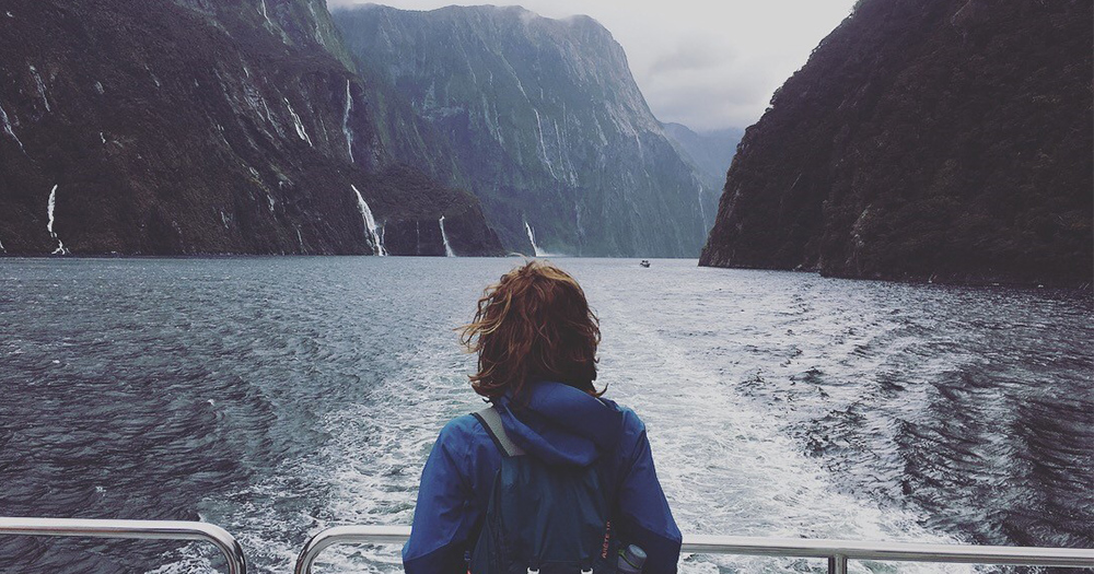 Rebecca on a boat in New Zealand.