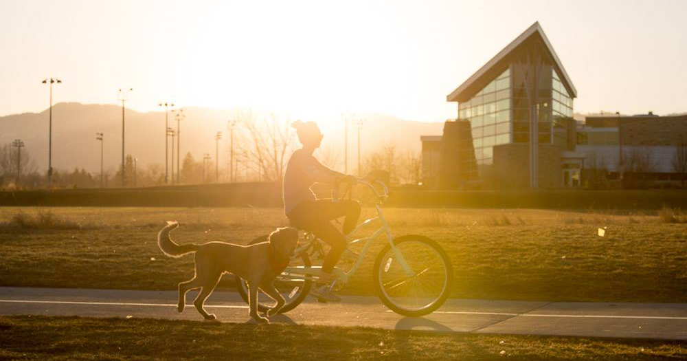 A person on a bike leisurely rides down a sidewalk in the front of the CSU Student Rec Center as a dog trots beside them and the sun sets on the foothills in the background.
