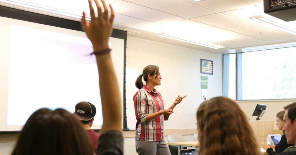 a student raises her hand in a classroom discussion