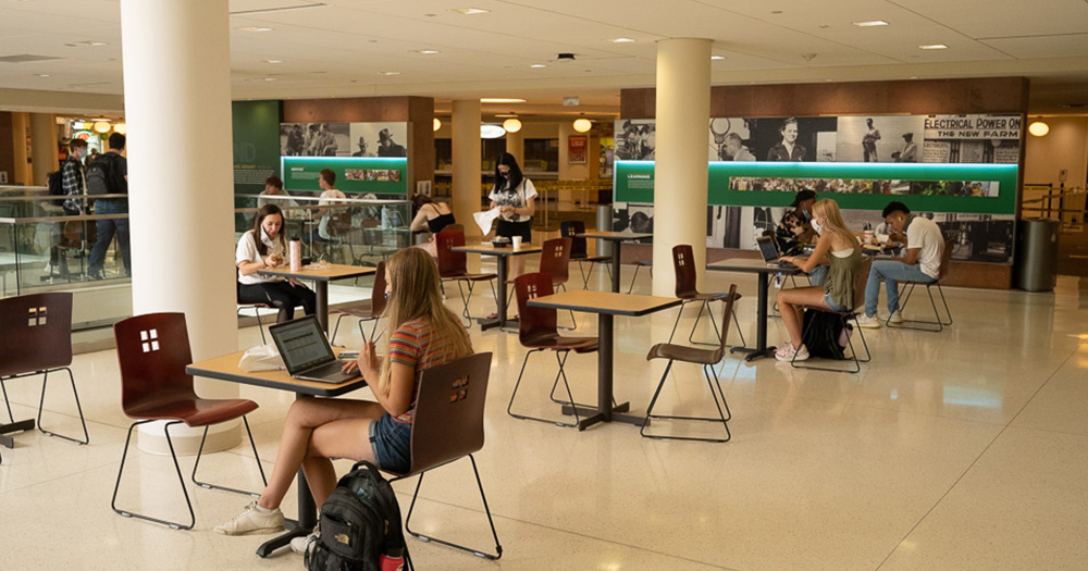 Students study and eat at the Lory Student Center food court tables