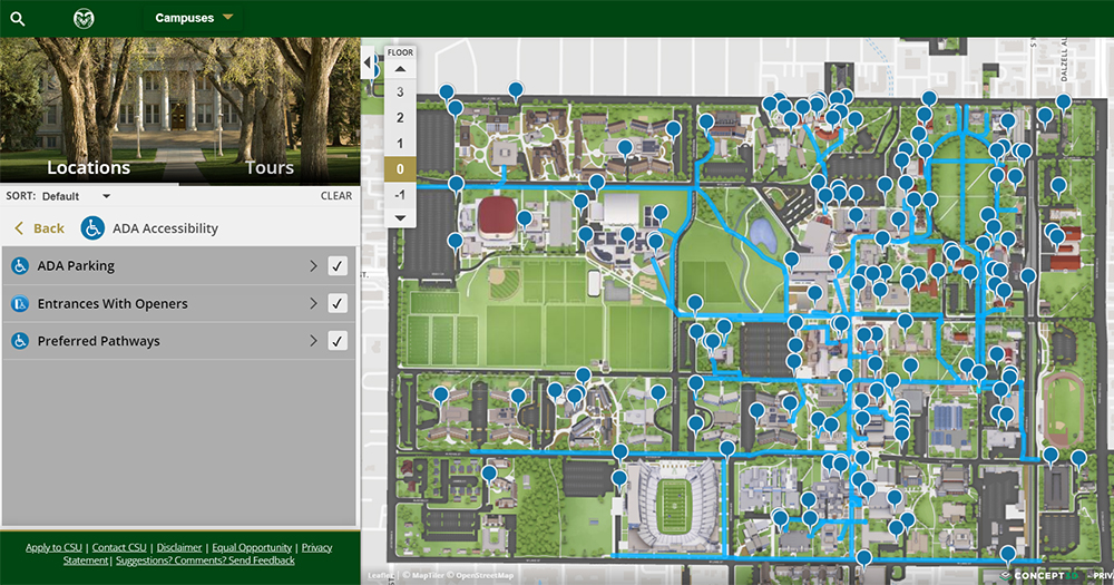 Pins on a map of campus indicate a wide variety of accessible parking and mobility options at Colorado State.