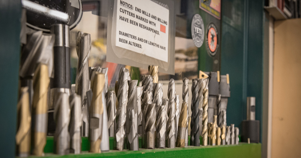 Close-up shot of drill bits that students have carved in the EMEC lab