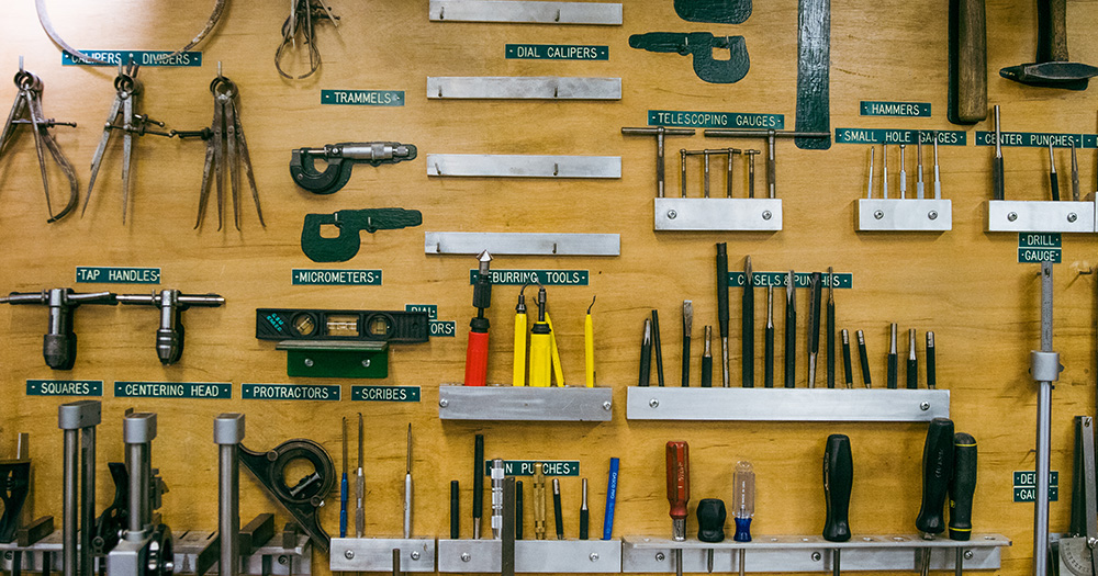 A wall of tools used in various mechanical engineering designs and creations