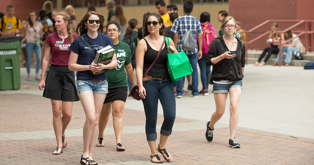 CSU women walk through campus square