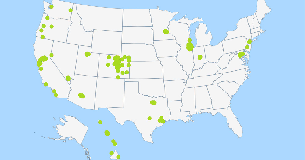 Map of U.S. with dots indicating visits