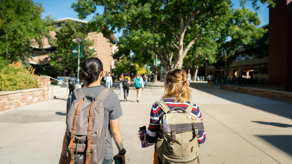 Two students walking away on large sidewalk with more students in background