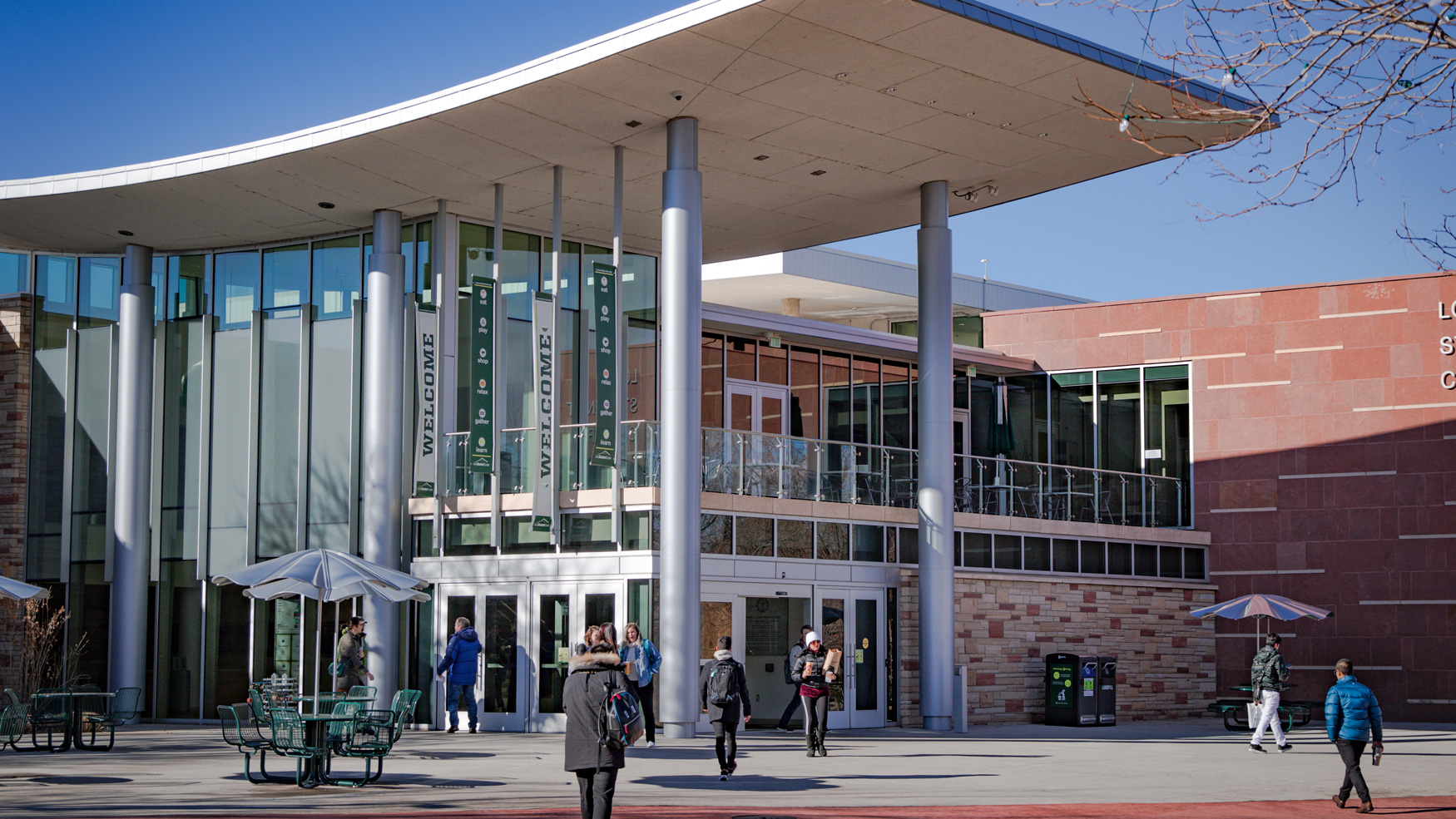 Exterior of Lory Student Center with students walking by