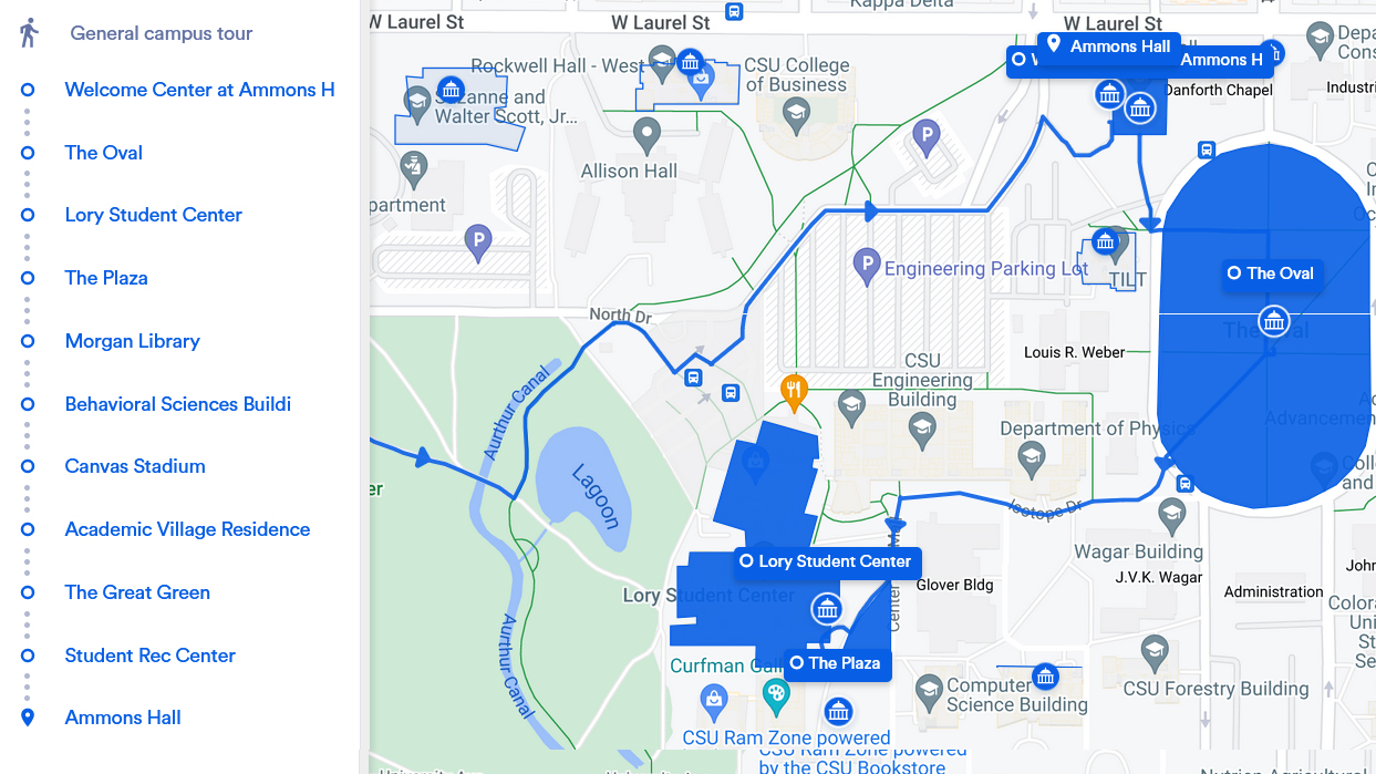 Image of Google map with list of self-guided tour stops