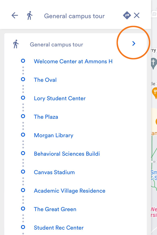 Screenshot of self-guided tour menu with > highlighted