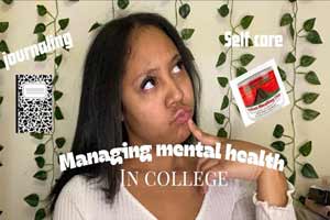 Student in dorm room, with text of managing mental health in college.