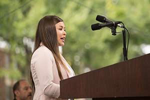 A member of CSU leadership speaks to the campus at a fall address.